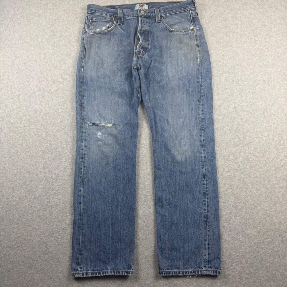 Levi's 501 Straight Leg Jeans Mens 34x30 Blue Thrashed Button Fly Denim